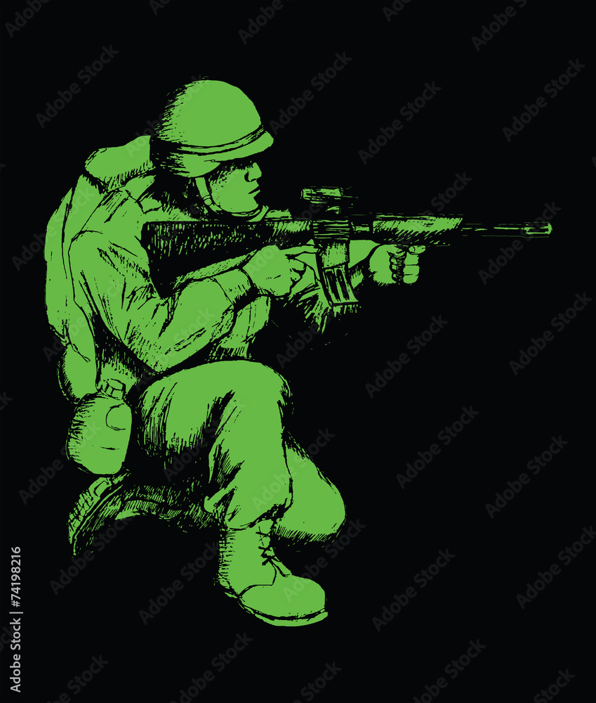 Sketch illustration of a soldier kneel down aiming a weapon Sketch illustration of a soldier kneel down aiming a weapon