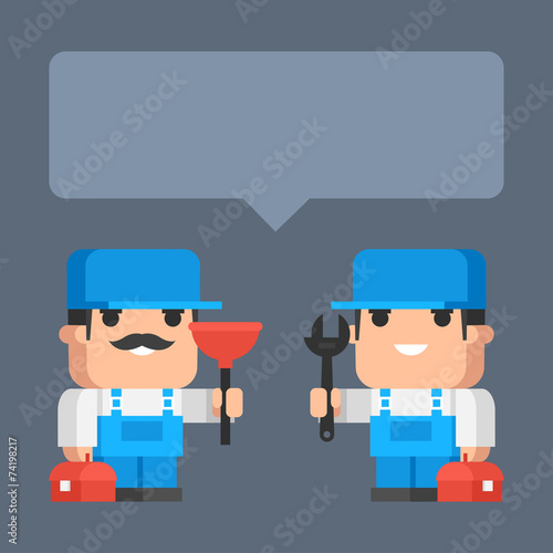 Two plumber smiling and holding tool concept