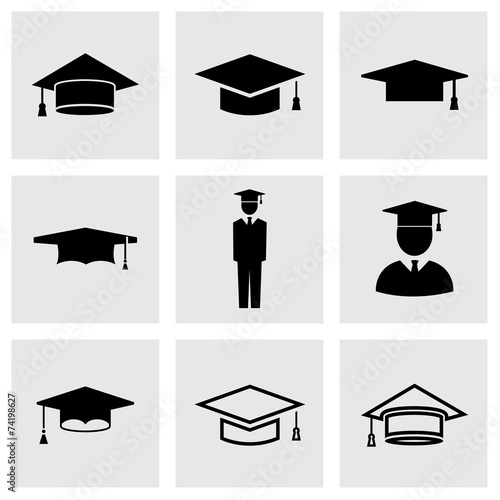 Vector black academic cap icon set