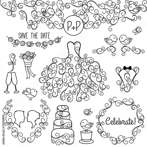 Hand Drawn Doodle Style Wedding Vector Set with Dress, Tuxedo an