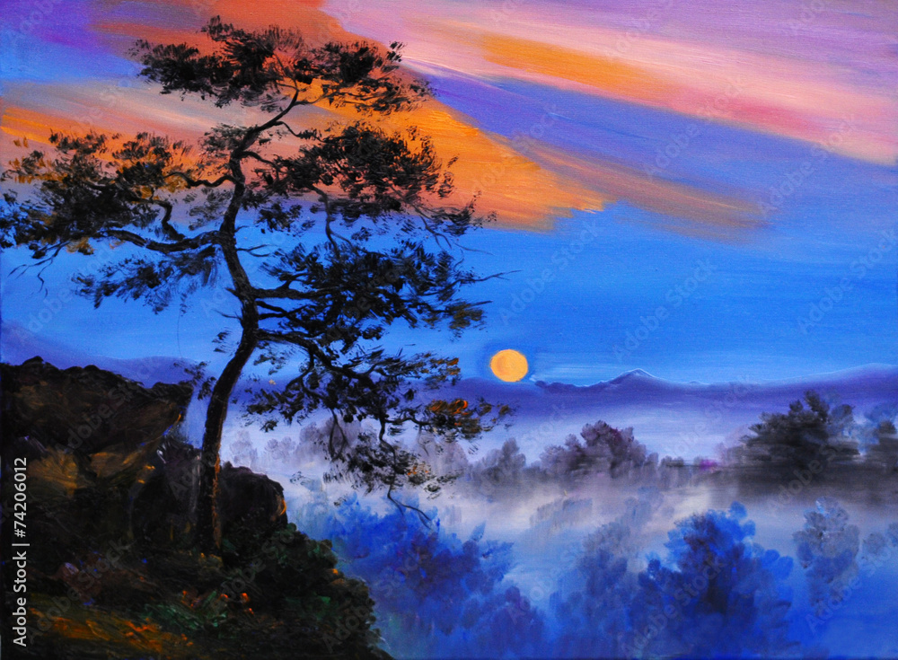 Fototapeta premium abstract oil painting - tree on the mountain, on forest backgrou