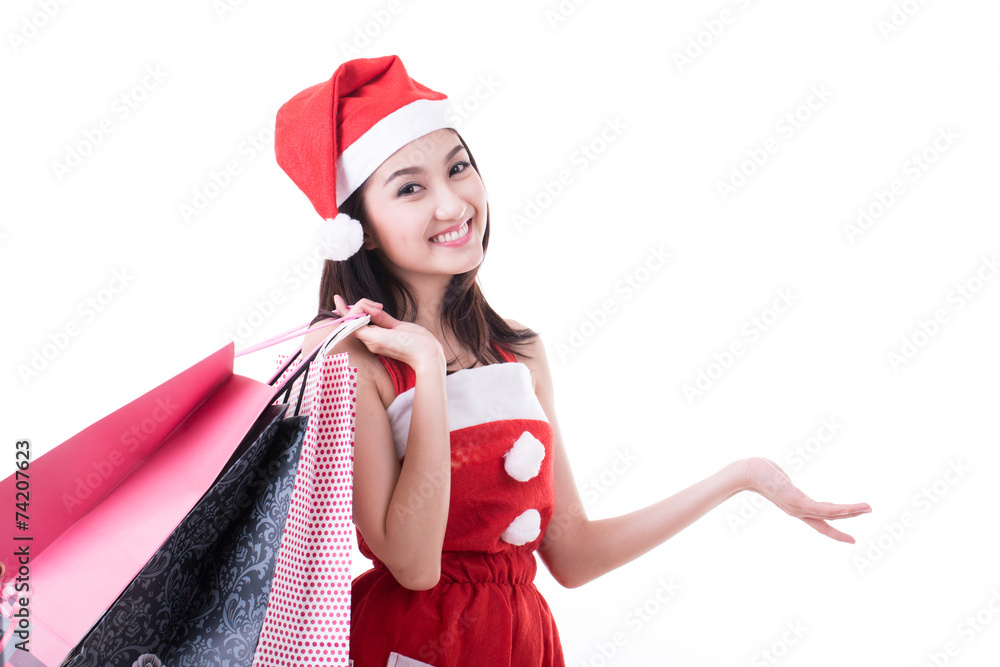 Christmas woman holding shopping bag Christmas woman holding shopping bag