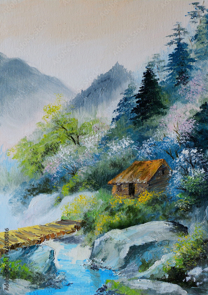 Fototapeta premium oil painting - landscape in mountains, house in the mountains an