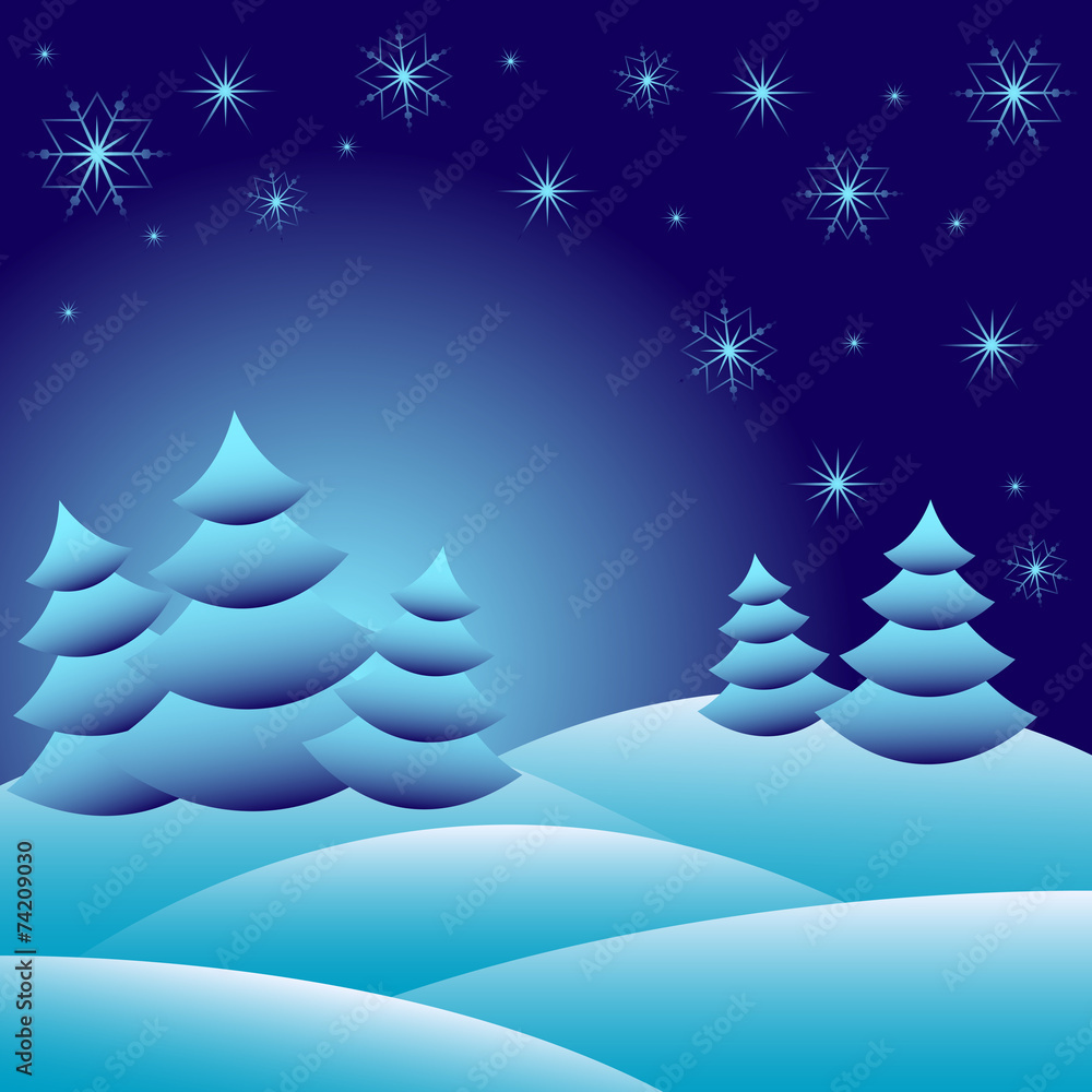 Winter background with fir trees on snowdrifts and snowflakes