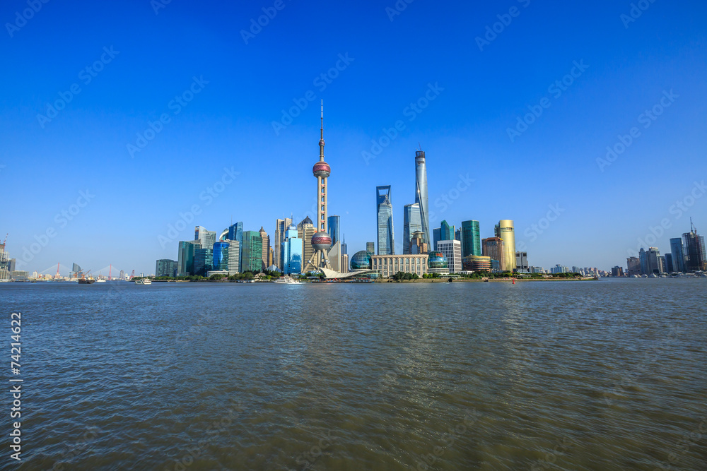beautiful cityscape of Shanghai under the blue sky