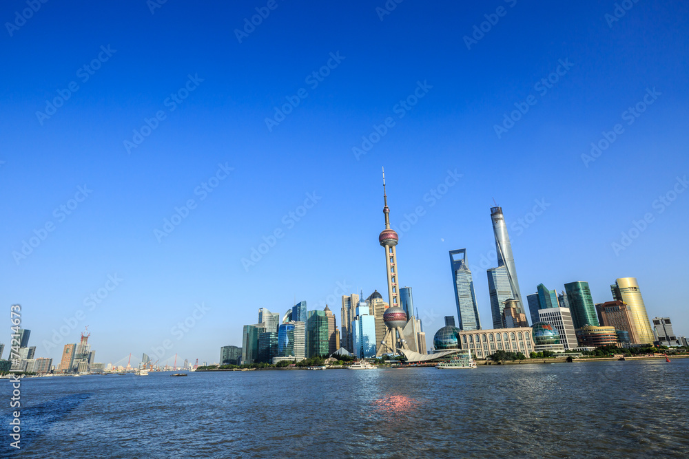 beautiful cityscape of Shanghai under the blue sky