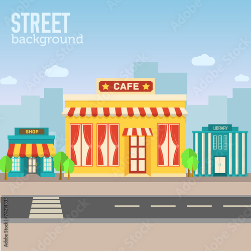 Fototapeta Naklejka Na Ścianę i Meble -  cafe building in city space with road on flat syle background co