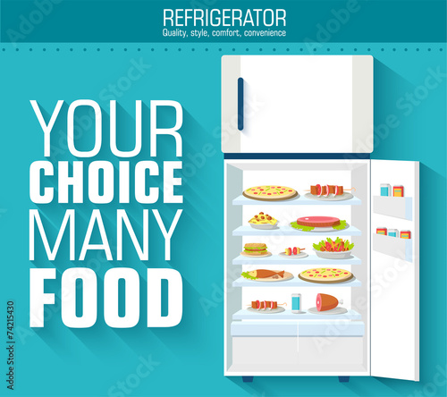 Flat fridge full of many food background concept. Vector illustr