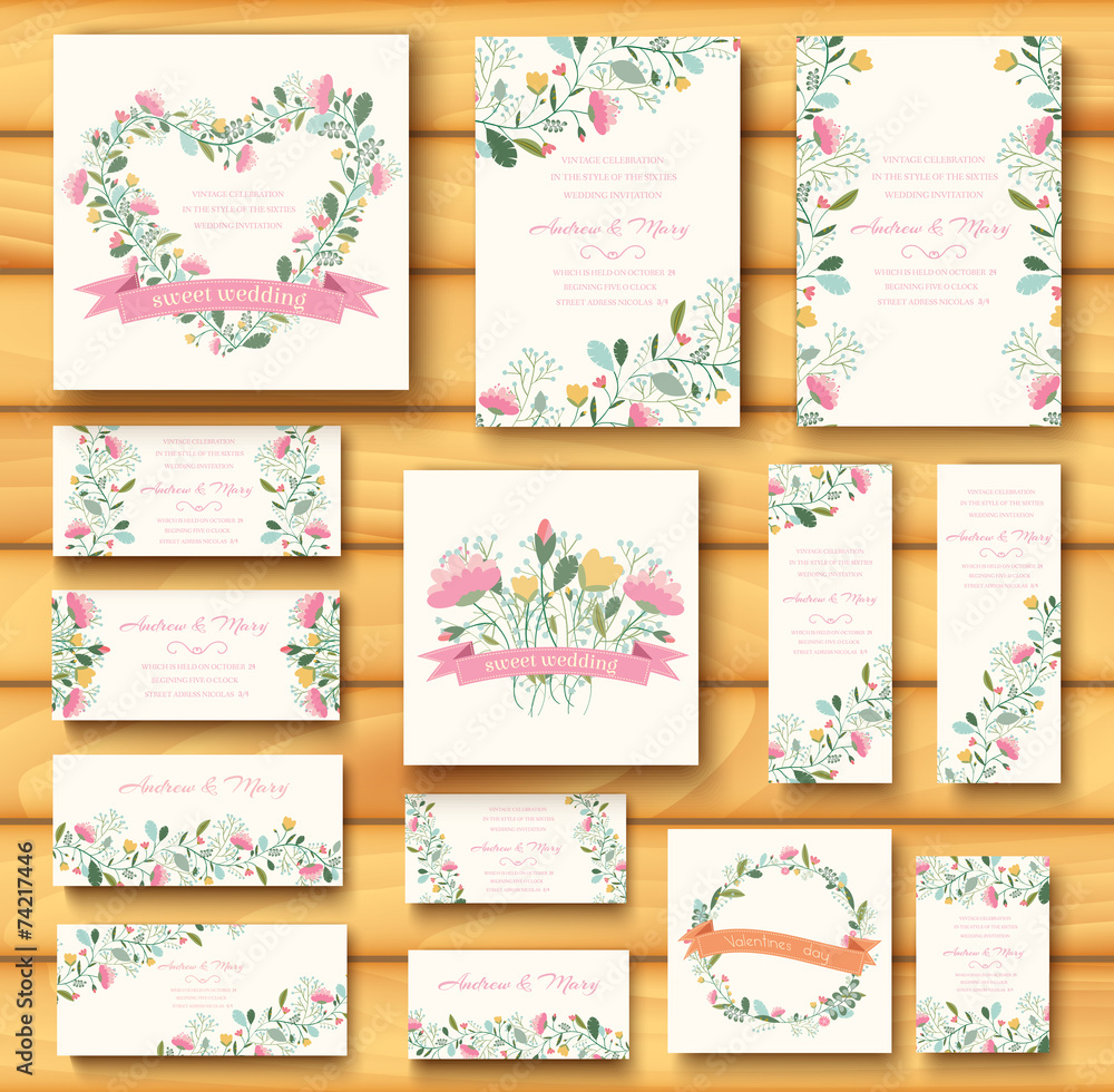 colorful greeting wedding invitation card illustration set. Flow