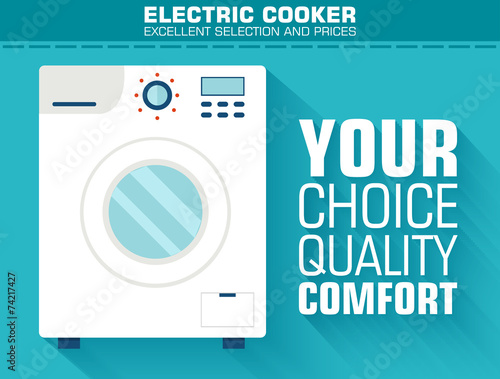 Flat washing machine with the slogan on the background with long photo