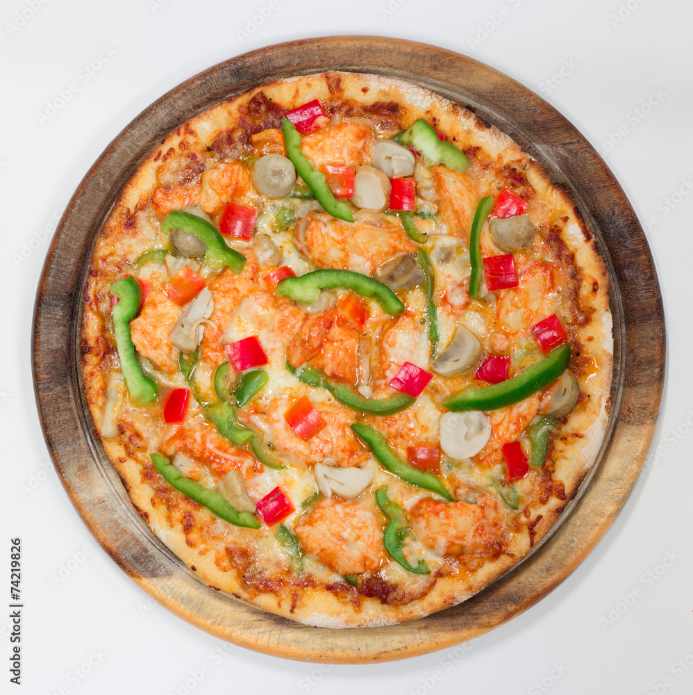 Delicious pizza top view, on white Delicious pizza top view, on white