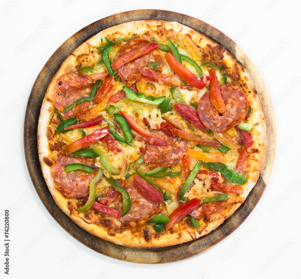 Thinly sliced pepperoni pizza on white Thinly sliced pepperoni pizza on white