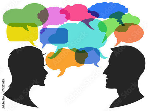 man and woman chat with speech bubbles