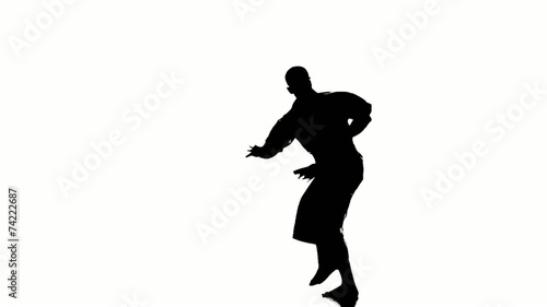 Silhouette of a karate man exercising against white background. photo