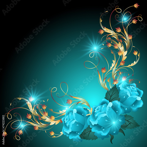 Blue roses with golden ornament