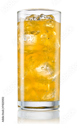 Fotografie Glass of orange carbonated lemonade on white background. With cl