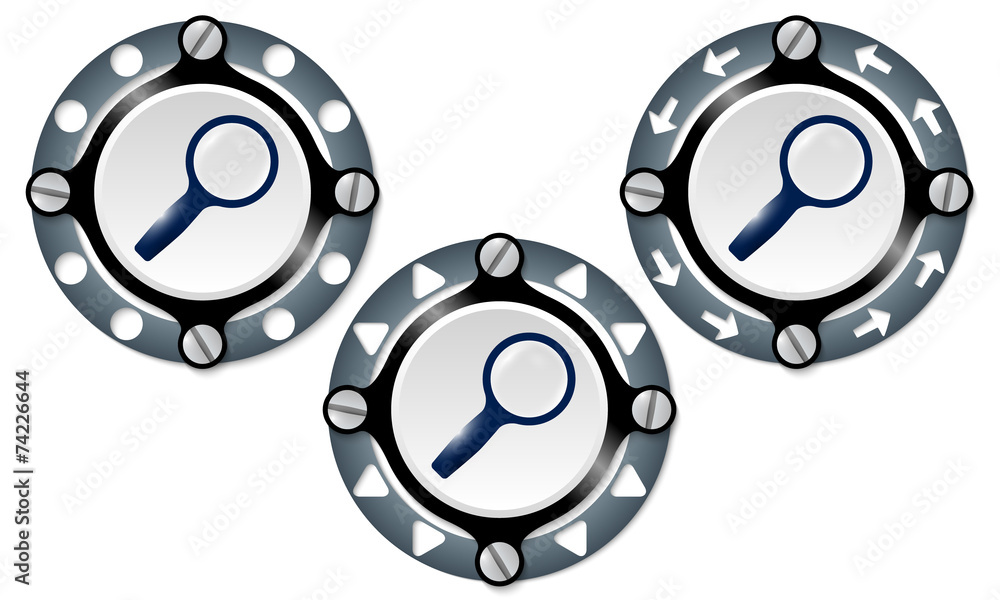 Set of three icons with perforated ring and magnifier Set of three icons with perforated ring and magnifier