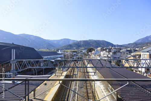 Train station with mountain landscape background