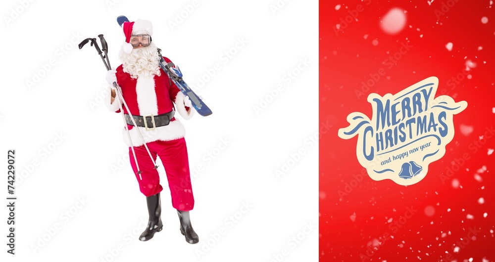 Composite image of santa claus holding ski and ski poles Composite image of santa claus holding ski and ski poles
