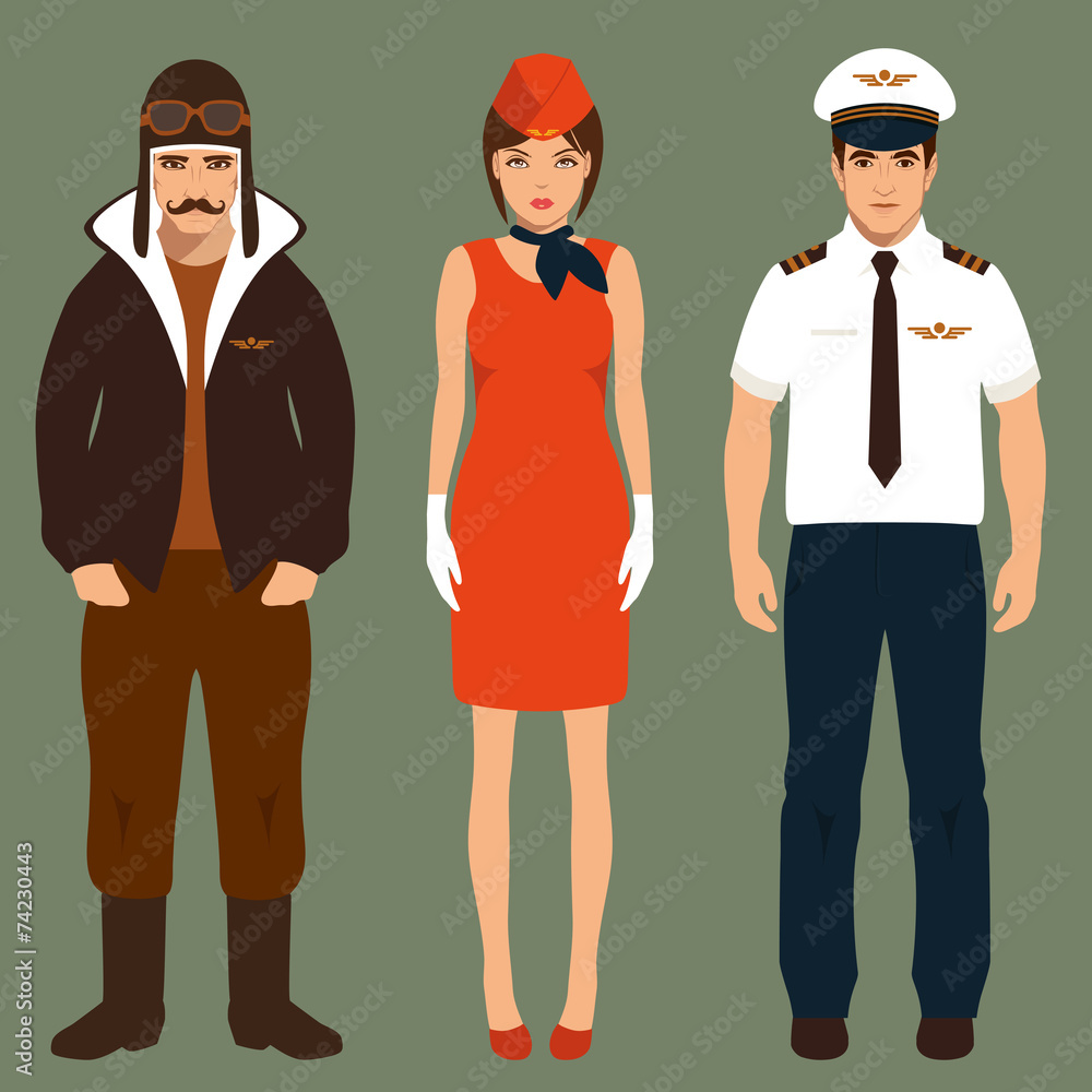 pilot and stewardess, airplane people - obrazy, fototapety, plakaty 
