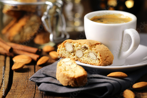 Fotografie Good morning concept - espresso and almond cantuccini