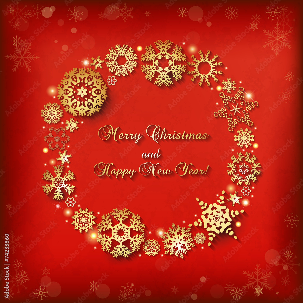 Christmas background with round frame of golden snowflakes