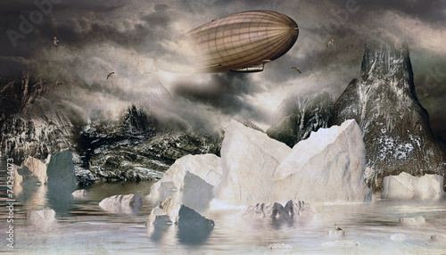 Zeppelin im Eismeer mit Eisberge und Felsen