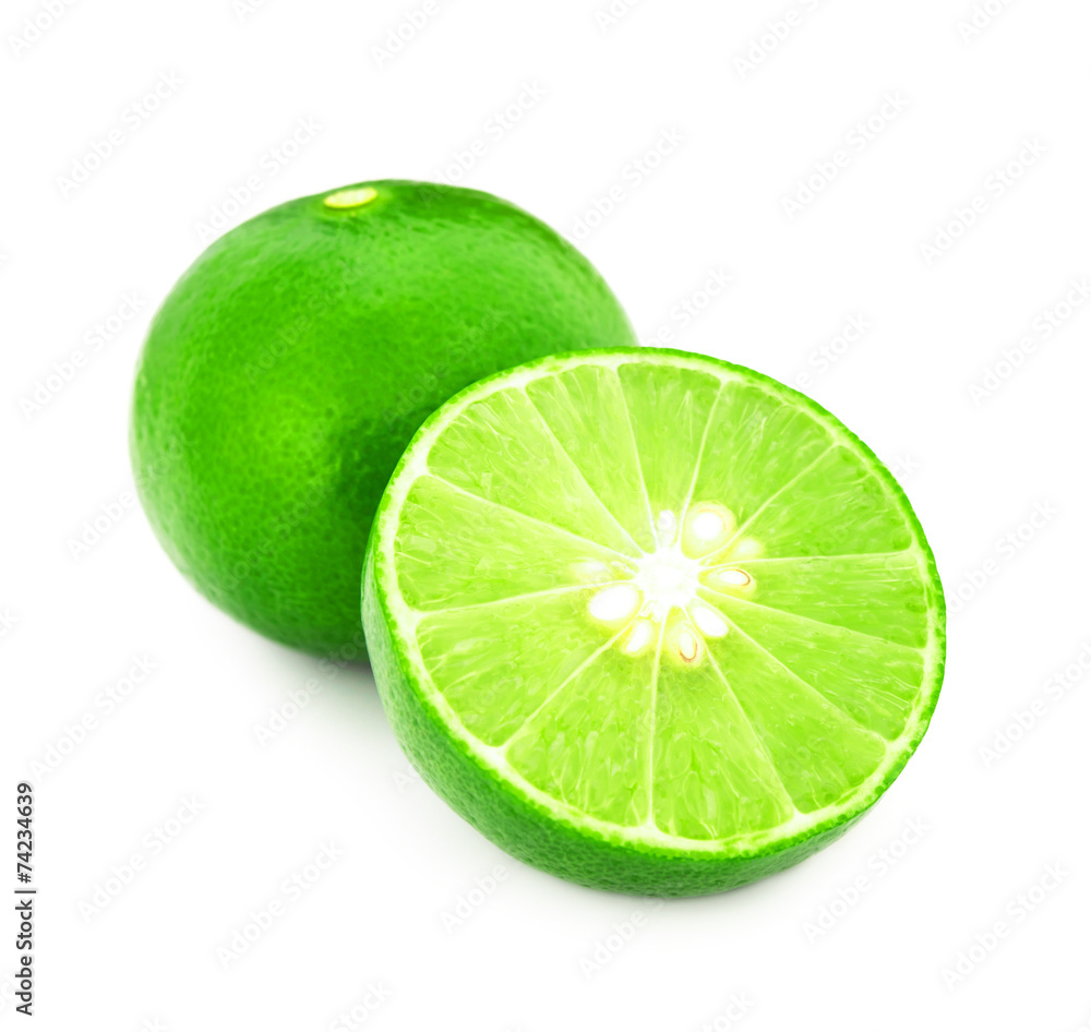 Fresh lime and slice, Isolated on white background Fresh lime and slice, Isolated on white background