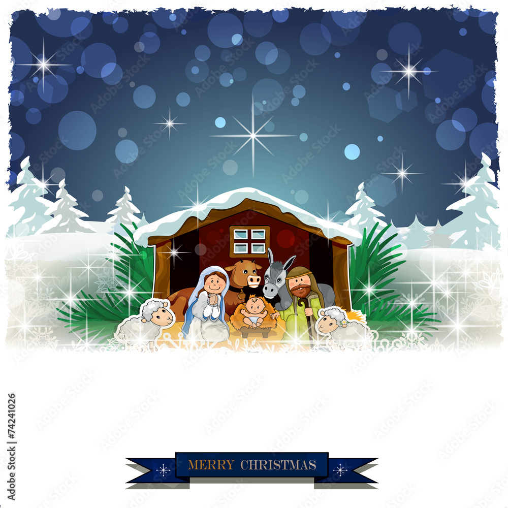 Nativity with snow-covered hut - obrazy, fototapety, plakaty 