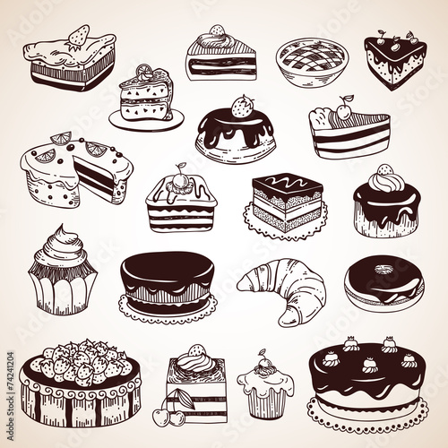 Vintage hand drawn pastry: cakes, donuts, pies, croissant
