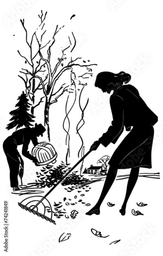 Couple Raking Leaves
