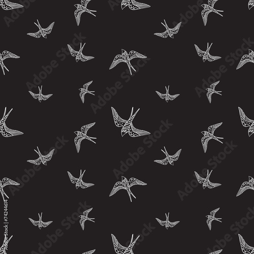 Vector black and white swallow birds seamless pattern