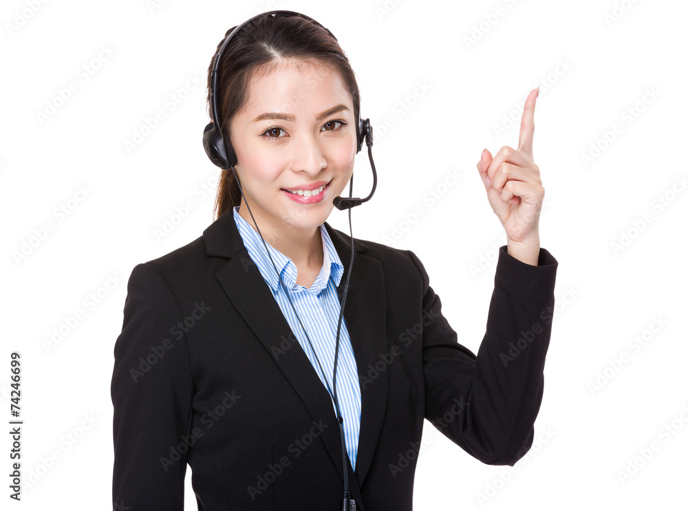 Customer services officer and finger point up Customer services officer and finger point up