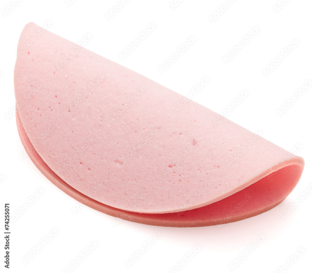 cooked boiled ham sausage or rolled bologna slice isolated on wh cooked boiled ham sausage or rolled bologna slice isolated on wh