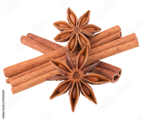 cinnamon stick and star anise spice isolated on white background