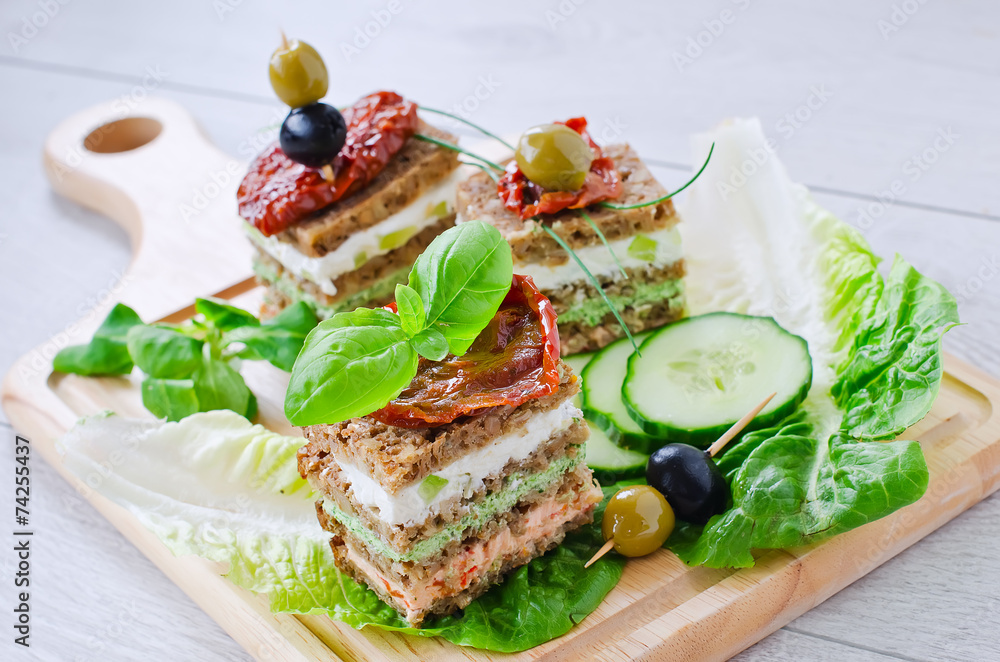 Rye granary bread sandwich with curd and antipasto Rye granary bread sandwich with curd and antipasto