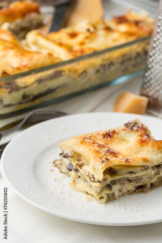 a portion of lasagne with cheese on white plate