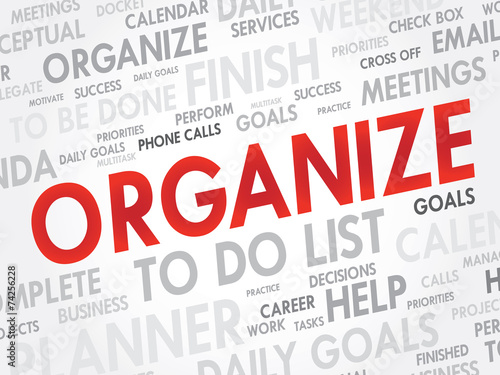 Word cloud of ORGANIZE related items, vector background