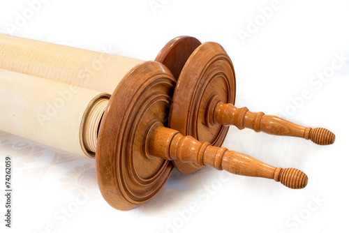 The Hebrew handwritten Torah, on a synagogue alter. Closed photo