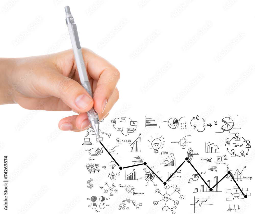 Business man hand drawing success graph over white background Business man hand drawing success graph over white background
