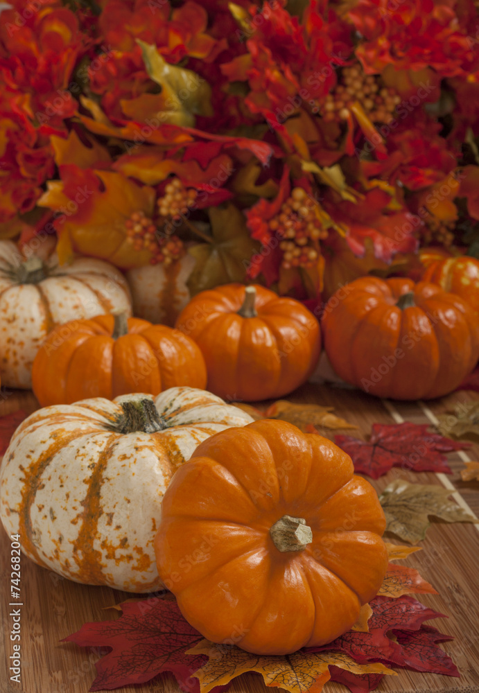 Colorful autumn leaves and pumpkins Colorful autumn leaves and pumpkins