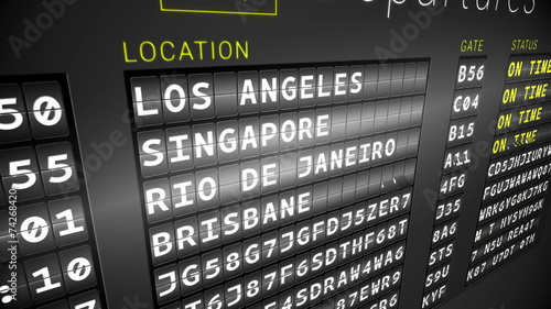 Black departures board showing on time flights photo