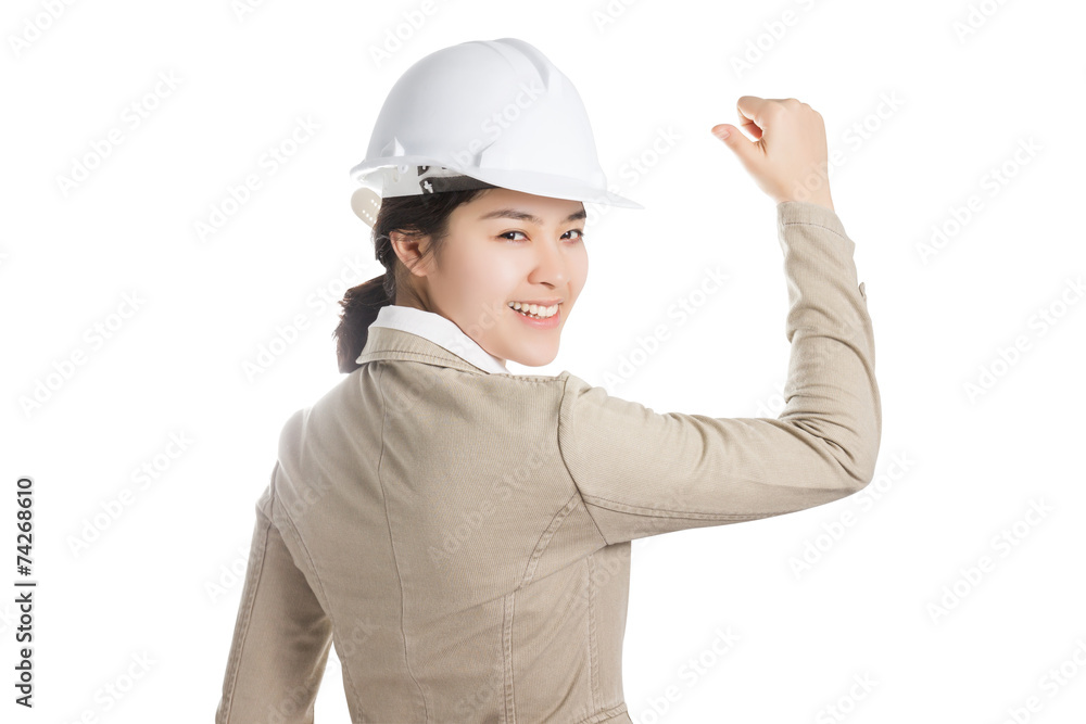 Smart young Asia business woman with hard helmet isolated on whi Smart young Asia business woman with hard helmet isolated on whi