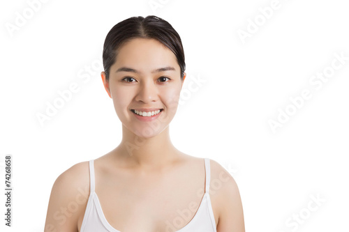 Young Asian woman with smiley face and no makeup isolated on whi