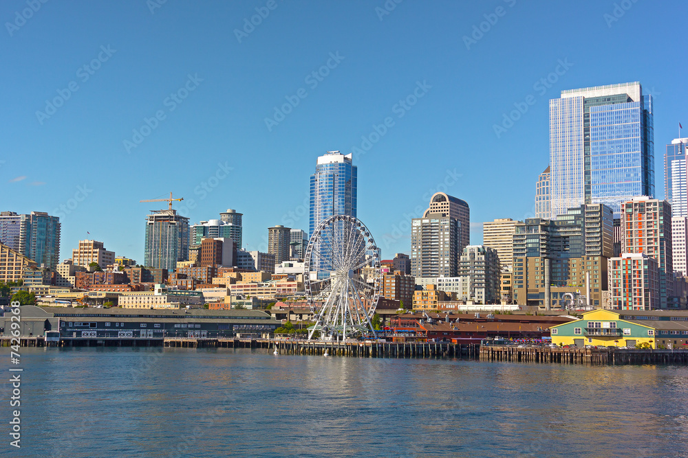 A view on Seattle downtown from the water of Puget Sound.