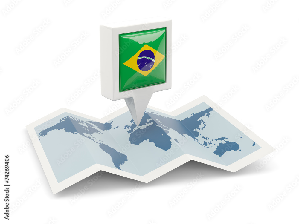 Square pin with flag of brazil on the map