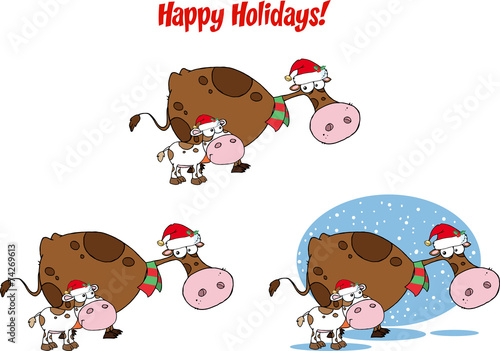 Christmas Cow and Calf Cartoon Character. Collection Set