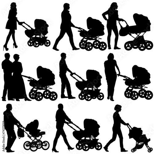 Silhouettes  walkings mothers with baby strollers. Vector illust