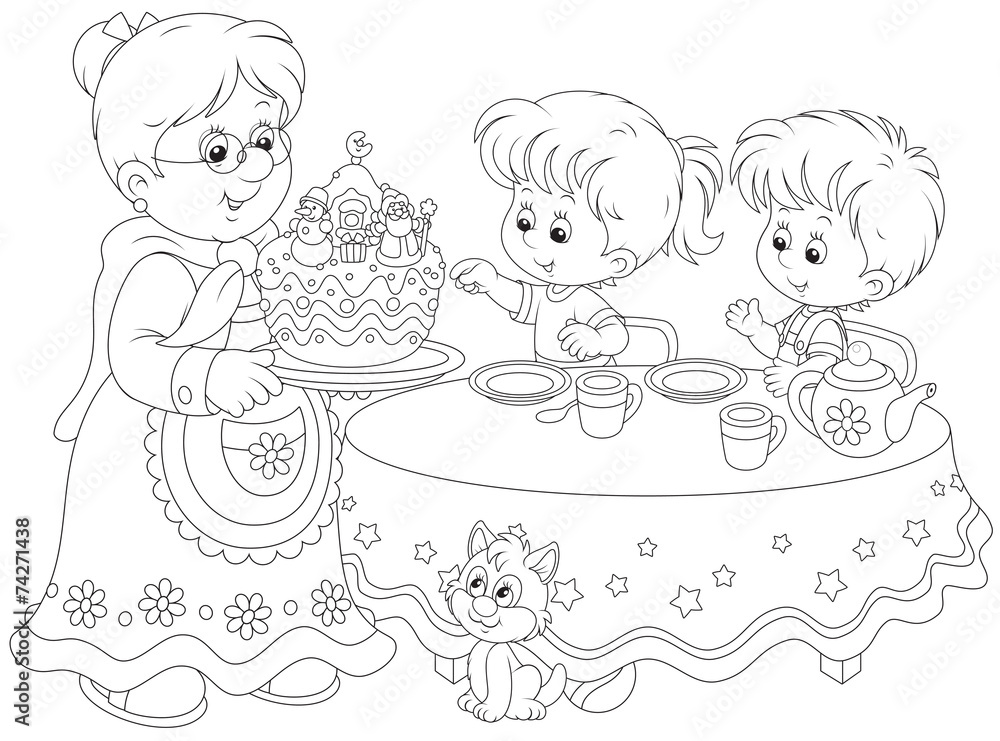 Granny and grandchildren with a Christmas cake Granny and grandchildren with a Christmas cake