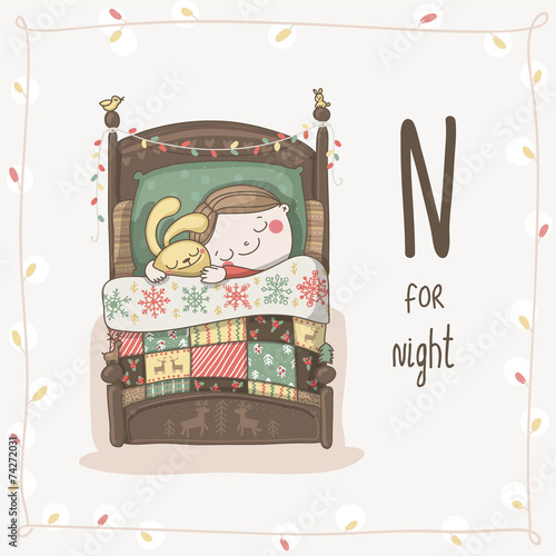 Cute vector Alphabet Christmas. Letter N - Night